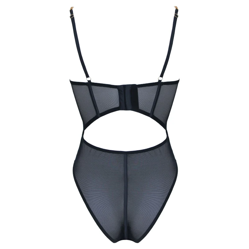 Mesh Black Bodysuit with Gold Chain Details - Image 2